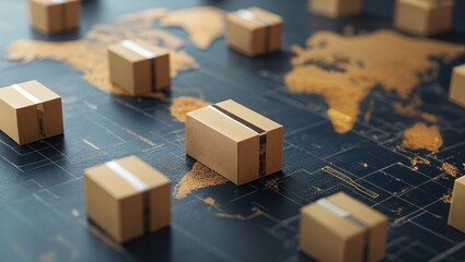 Fototapeta premium Exploring Global Logistics: A Detailed Visualization of Shipping Boxes Placed Strategically on a Modern, Stylish World Map, Highlighting International Trade Routes and Connectivity.