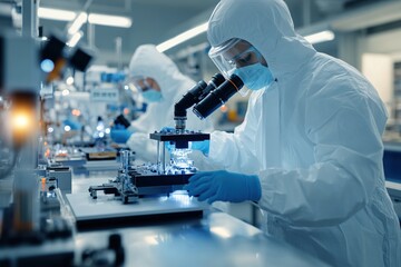 Fototapeta premium Scientists in protective suits work with microscopes and chemical bottles in the lab
