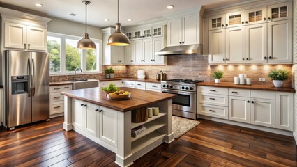 Fototapeta premium invititing home kitchen features white cabinets, brown countertops, stainless steel appliances, and wood flooring, creating a warm and modern culinary space.