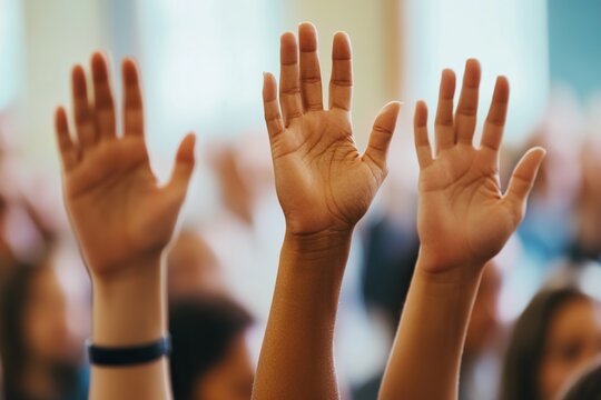 Three hands raised in a classroom as students eagerly participate in learning