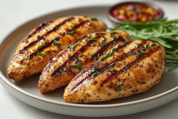 A plate of grilled chicken breast, isolated on a pastel peach background, symbolizing a lean protein source,
