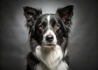Fototapeta premium A majestic black and white Border Collie sits poised in a studio setting, its piercing brown eyes and floppy ears capturing attention in high-contrast monochrome.