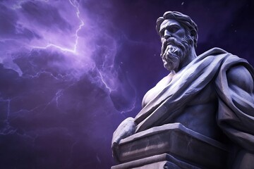 Obraz premium 3D Greek god statue illuminated by dramatic lightning against a purple backdrop