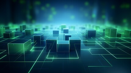 Obraz premium 3d rendering of mind green and blue abstract geometric background. Scene for advertising, technology, showcase, banner, game, sport, cosmetic, business, metaverse. Sci-Fi Illustration. Product display