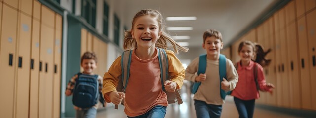 Fototapeta premium A photograph of happy school children running in the corridor with lockers, looking at the camera and smiling. 