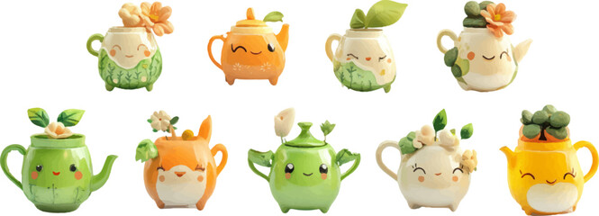 Obraz premium Collection of cute Kawaii tea sets, cartoons,