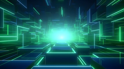 Obraz premium 3d rendering of mind green and blue abstract geometric background. Scene for advertising, technology, showcase, banner, game, sport, cosmetic, business, metaverse. Sci-Fi Illustration. Product display