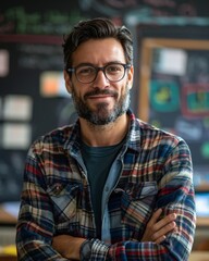 Fototapeta premium Portrait of a male teacher smiling in class