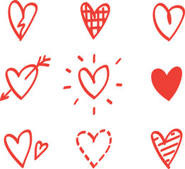 Set of different red hearts, handwritten in vector
