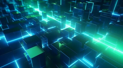 3d rendering of mind green and blue abstract geometric background. Scene for advertising, technology, showcase, banner, game, sport, cosmetic, business, metaverse. Sci-Fi Illustration. Product display