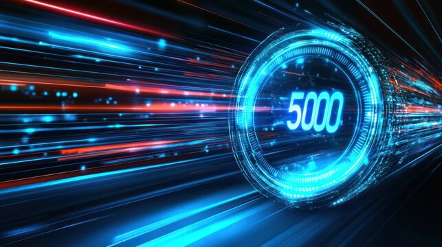 A dynamic digital illustration featuring streams of blue and red light converging towards a glowing circle with the number 5000 at the center.