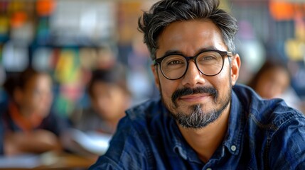 Portrait of a male teacher smiling in class with copy space