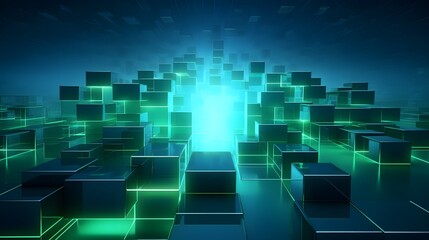 Obraz premium 3d rendering of mind green and blue abstract geometric background. Scene for advertising, technology, showcase, banner, game, sport, cosmetic, business, metaverse. Sci-Fi Illustration. Product display