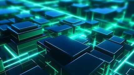 Obraz premium 3d rendering of mind green and blue abstract geometric background. Scene for advertising, technology, showcase, banner, game, sport, cosmetic, business, metaverse. Sci-Fi Illustration. Product display