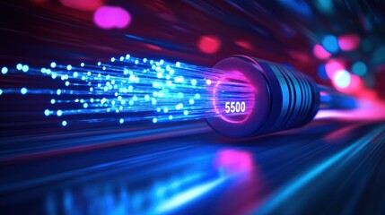 A digital illustration showcasing a fiber optic cable with light particles representing high-speed data transmission against a dynamic, blurred background of blue and red lights.