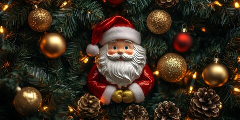 A decorative Santa ornament on a Christmas tree with warm lights. Perfect for holiday decorations.