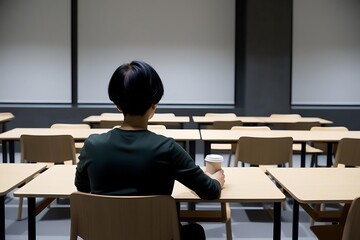 Class  Room with Isolated Person Holding Coffee Reflecting Sadness and Despair
