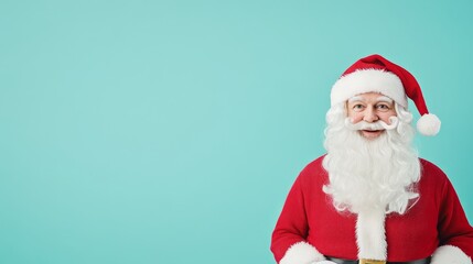 Naklejka premium Santa Claus in a red suit on a blue background. Perfect for Christmas greeting cards.