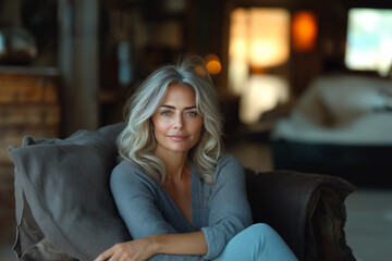 Obraz premium Thoughtful woman sitting in cozy armchair at home, having relaxing weekend.