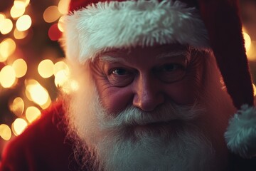 Santa Claus with warm bokeh lights in the background. Perfect for creating a cozy holiday atmosphere.