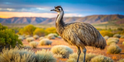 Majestic wild Australian emu, Dromaius novaehollandiae, perches in dry scrub, showcasing its grey-brown plumage and powerful legs, against a scenic outback rural Queensland backdrop.