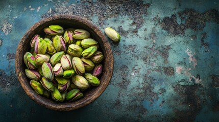 Rustic bowl of fresh pistachios on vintage background
