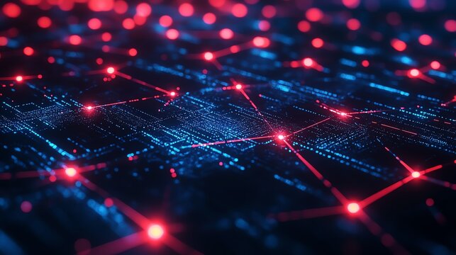 Abstract representation of internet network connections in dark blue and red, symbolizing IT system complexity, focus on cyber security, pixel style, realistic, blend mode, virtual