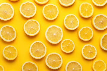 Obraz premium Fresh lemon halves pattern on vibrant yellow background