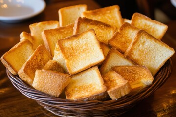 Golden brown toast stacked in basket for breakfast