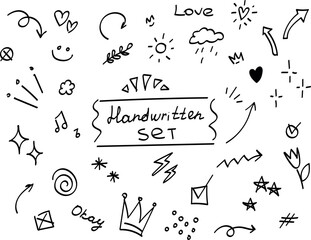 Handwritten set of different emoticons. Heart, crown, arrows, arrows, underlines, lightning, flower, love, okay. 