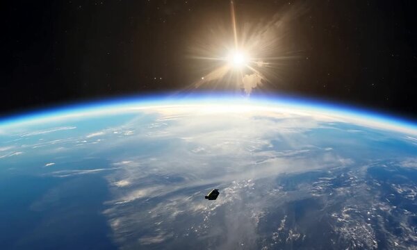 3D view of a blue planet Earth in space, illuminating by the sun with visible moon