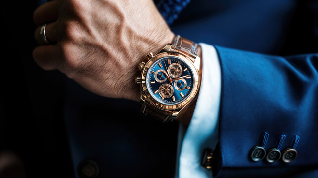 Businessman wearing luxury wrist watch with blue dial