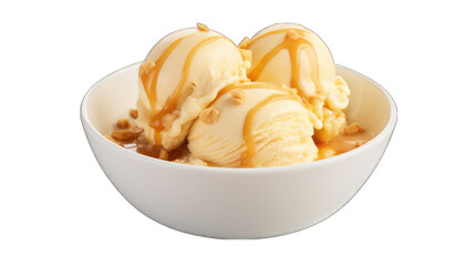 rich and flavorful dulce de leche ice cream served in a bowl on transparent background