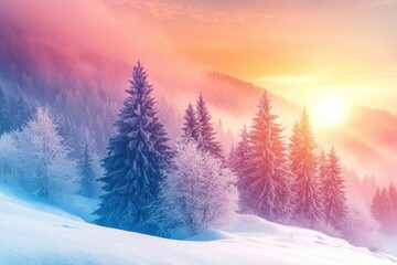 Obraz premium Enchanting winter sunrise snowy pine