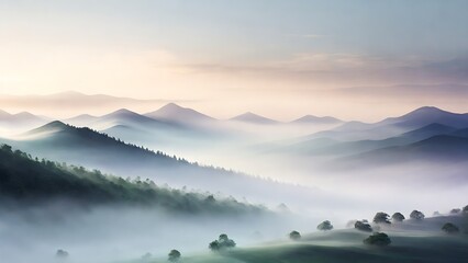 Fototapeta premium Misty mountains in soft morning light. Suitable for naturethemed designs, travel brochures, inspirational quotes, and calming backgrounds.