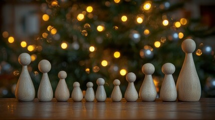 Wooden figures family concept with Christmas tree lights