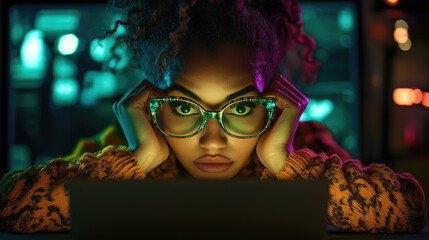 Focused black female programmer working late night on laptop