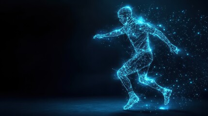 A futuristic runner portrayed in glowing particles, illustrating speed and motion in a digital universe.