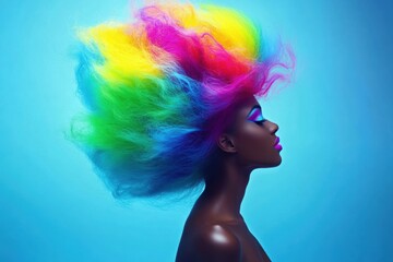Vivid rainbow hair on blue backdrop with profile view
