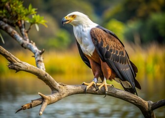 Obraz premium Majestic African Fish-eagle, a large white and brown eagle, sits on a branch devouring a freshly caught tilapia fish in its natural habitat.