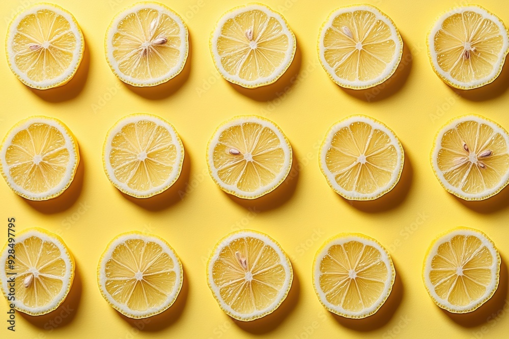 Wall mural vibrant array of fresh lemon slices on yellow background