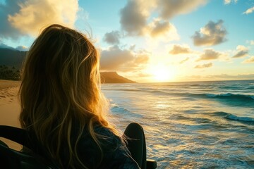 Woman enjoying serene beach sunset wheelchair