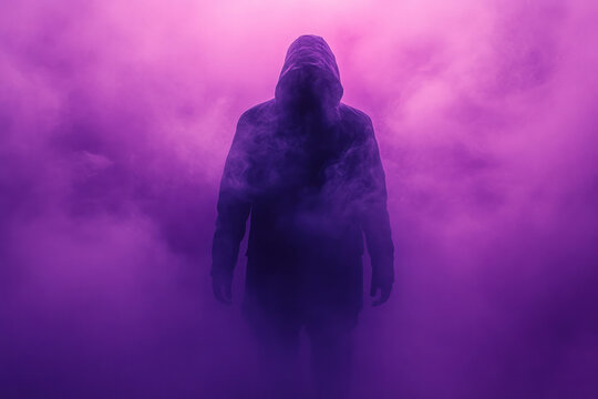 A shadowy figure in the mist, isolated on a pastel lavender background, symbolizing the fear of the unknown,