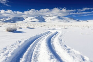 Serene -covered landscape with clear blue sky tire tracks