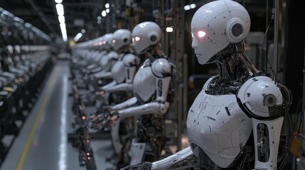 Fototapeta premium AI Robots Standing in a Row.