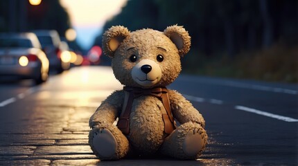 Toy bear that was inadvertently left behind at dusk on the road in a 3D render