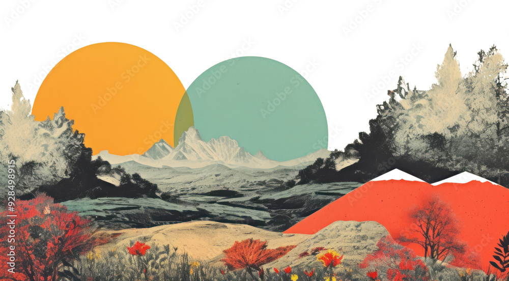 Wall mural png collage retro dreamy landscapes art mountain outdoors.