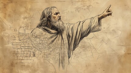 Fototapeta premium Biblical Illustration of Nehemiah’s Prayer: Nehemiah With a Map of Jerusalem Spread Out Before Him, Pointing to the Ruined Walls as He Prays for the Strength to Rebuild