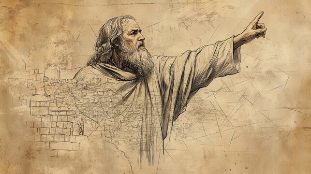 Biblical Illustration of Nehemiah&rsquo;s Prayer: Nehemiah With a Map of Jerusalem Spread Out Before Him, Pointing to the Ruined Walls as He Prays for the Strength to Rebuild