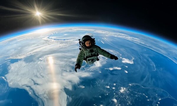 Astronaut Floating Above Earth: A lone astronaut floats in the vast expanse of space, a breathtaking view of our planet Earth stretching out beneath them. The sun blazes brightly in the distance, illu